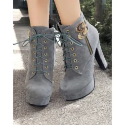 Women's Brown Suede Ankle Boots - Lace-Up Design with Gold Buckle and Zipper Details, Platform High Heel Shoes for Stylish Casual and Party Looks