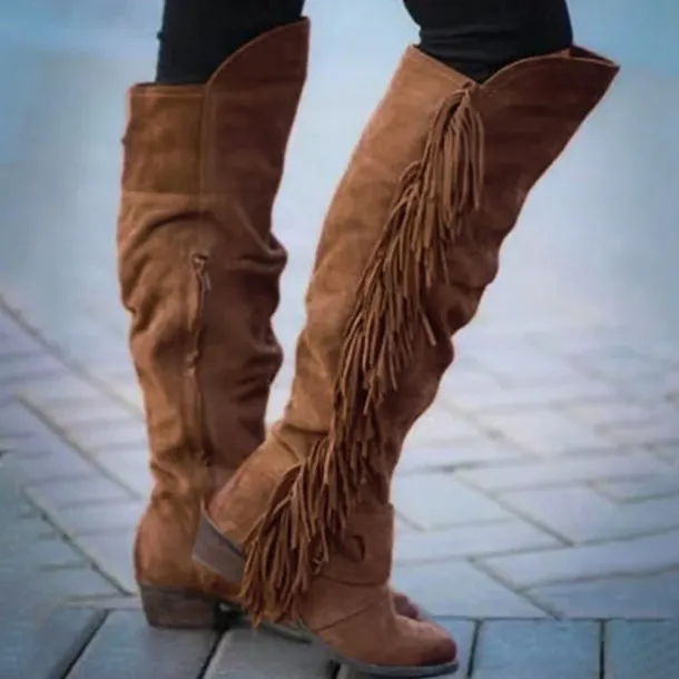 Women's Brown Suede Fringe Knee-High Boots with Buckle Straps - Western Style for Festivals, Casual Outings, and Outdoor Adventures