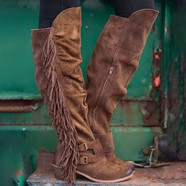 Women's Brown Suede Fringe Knee-High Boots with Buckle Straps - Western Style for Festivals, Casual Outings, and Outdoor Adventures