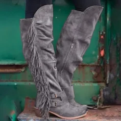 Women's Brown Suede Fringe Knee-High Boots with Buckle Straps - Western Style for Festivals, Casual Outings, and Outdoor Adventures