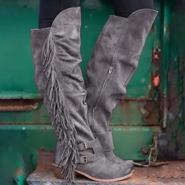 Women's Brown Suede Fringe Knee-High Boots with Buckle Straps - Western Style for Festivals, Casual Outings, and Outdoor Adventures