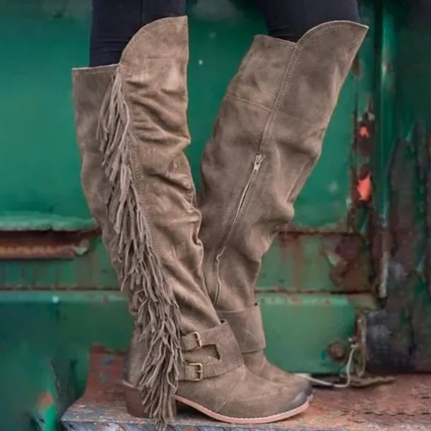 Women's Brown Suede Fringe Knee-High Boots with Buckle Straps - Western Style for Festivals, Casual Outings, and Outdoor Adventures