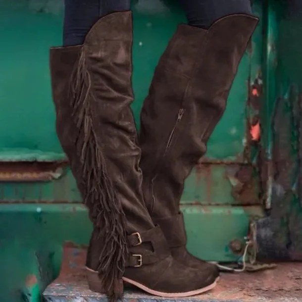 Women's Brown Suede Fringe Knee-High Boots with Buckle Straps - Western Style for Festivals, Casual Outings, and Outdoor Adventures