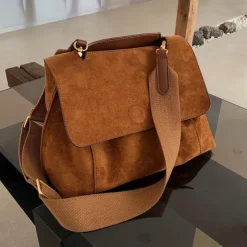 Women's Brown Suede Messenger Bag with Adjustable Strap – Casual Shoulder Bag for Work, Travel, and Everyday Use