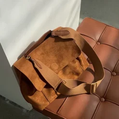 Women's Brown Suede Messenger Bag with Adjustable Strap – Casual Shoulder Bag for Work, Travel, and Everyday Use