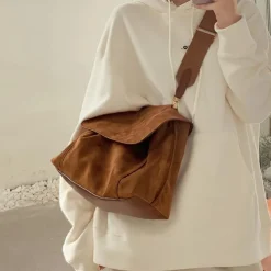 Women's Brown Suede Messenger Bag with Adjustable Strap – Casual Shoulder Bag for Work, Travel, and Everyday Use
