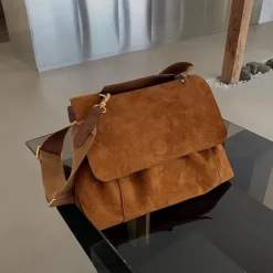 Women's Brown Suede Messenger Bag with Adjustable Strap – Casual Shoulder Bag for Work, Travel, and Everyday Use
