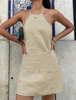 Women's Brown Summer Spring Mini Dress Cotton Linen Dresses Casual Dress Strap Dress Basic Modern Vacation Daily Weekend Loose Fit Plain Halter Neck