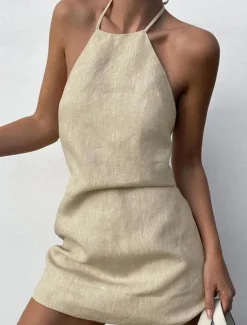 Women's Brown Summer Spring Mini Dress Cotton Linen Dresses Casual Dress Strap Dress Basic Modern Vacation Daily Weekend Loose Fit Plain Halter Neck