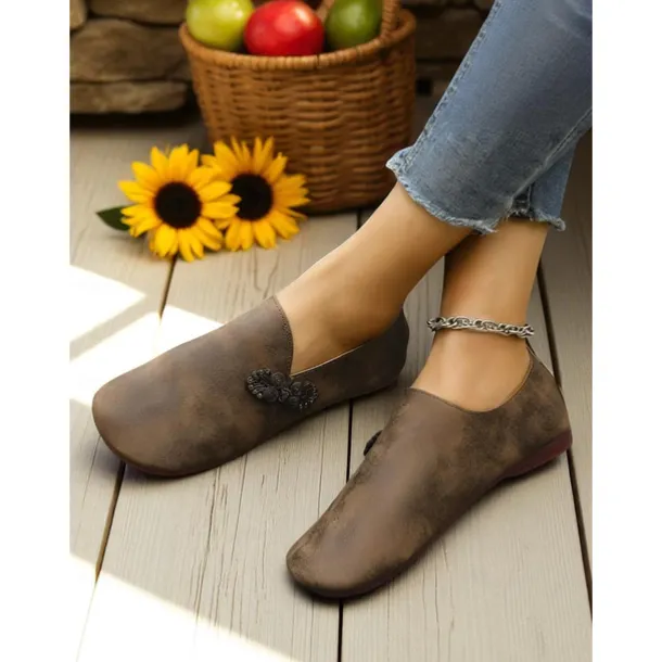 Women's Brown Wide Toe Vintage Loafers with Bowknot – Soft Flexible Slip-On Casual Shoes for Travel, Weekend Shopping and Outdoor Relaxation