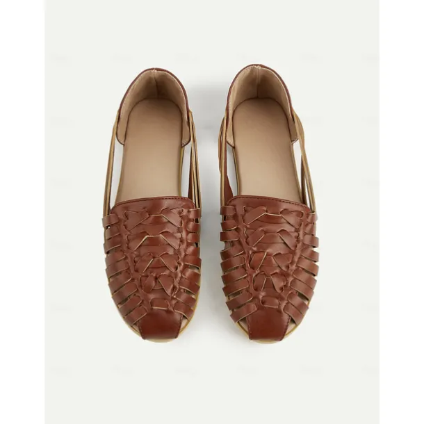 Women's Brown Woven Faux Leather Slip-On Flats – Breathable Vintage Casual Loafers for Spring & Autumn Walks and vacation