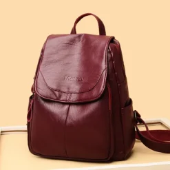 Women's Burgundy Faux Leather Backpack with Flap Closure & Multiple Compartments - Stylish Everyday, Work & Travel Bag