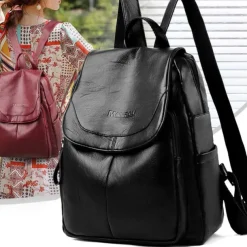 Women's Burgundy Faux Leather Backpack with Flap Closure & Multiple Compartments - Stylish Everyday, Work & Travel Bag