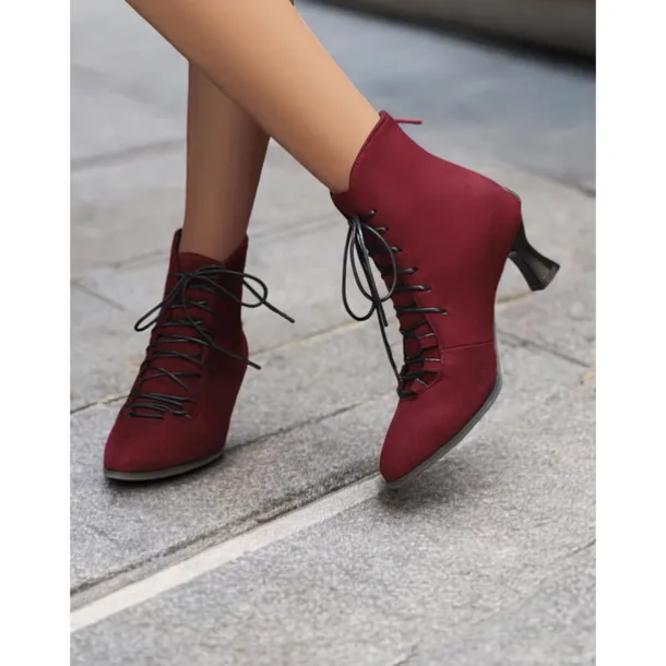 Women's Burgundy Lace-Up Victorian Ankle Boots – Elegant Suede Heeled Footwear for Formal Occasions and Vintage Style