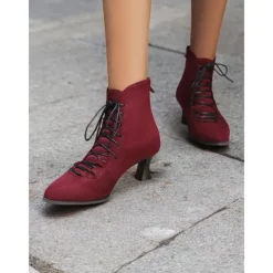 Women's Burgundy Lace-Up Victorian Ankle Boots – Elegant Suede Heeled Footwear for Formal Occasions and Vintage Style