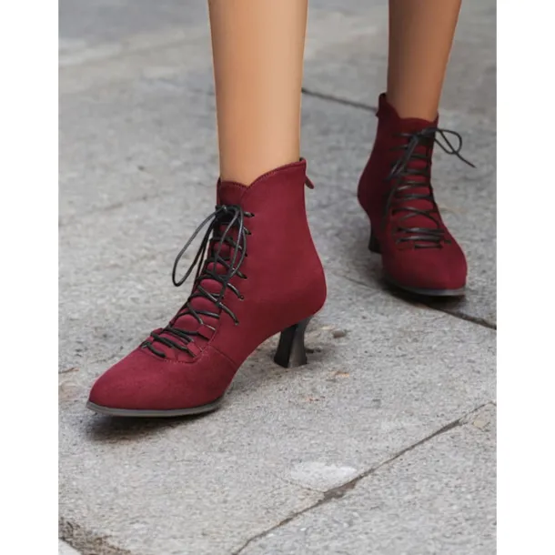 Women's Burgundy Lace-Up Victorian Ankle Boots – Elegant Suede Heeled Footwear for Formal Occasions and Vintage Style