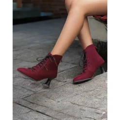 Women's Burgundy Lace-Up Victorian Ankle Boots – Elegant Suede Heeled Footwear for Formal Occasions and Vintage Style