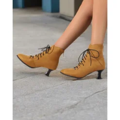 Women's Burgundy Lace-Up Victorian Ankle Boots – Elegant Suede Heeled Footwear for Formal Occasions and Vintage Style