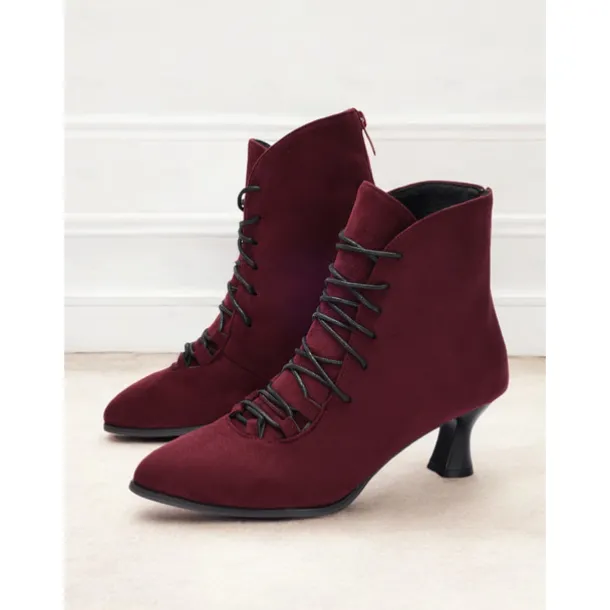 Women's Burgundy Lace-Up Victorian Ankle Boots – Elegant Suede Heeled Footwear for Formal Occasions and Vintage Style