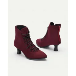 Women's Burgundy Lace-Up Victorian Ankle Boots – Elegant Suede Heeled Footwear for Formal Occasions and Vintage Style