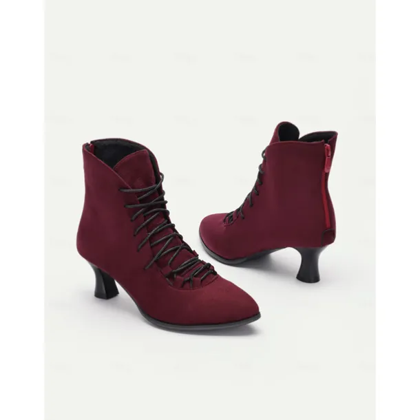 Women's Burgundy Lace-Up Victorian Ankle Boots – Elegant Suede Heeled Footwear for Formal Occasions and Vintage Style