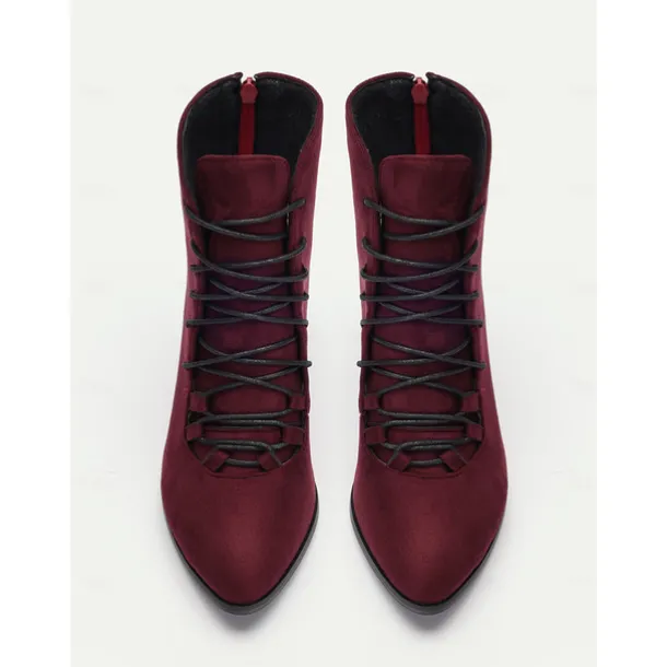 Women's Burgundy Lace-Up Victorian Ankle Boots – Elegant Suede Heeled Footwear for Formal Occasions and Vintage Style