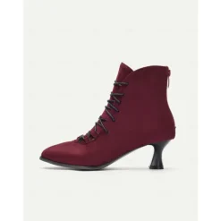 Women's Burgundy Lace-Up Victorian Ankle Boots – Elegant Suede Heeled Footwear for Formal Occasions and Vintage Style