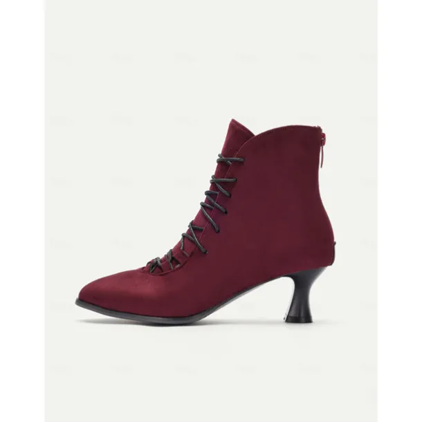 Women's Burgundy Lace-Up Victorian Ankle Boots – Elegant Suede Heeled Footwear for Formal Occasions and Vintage Style