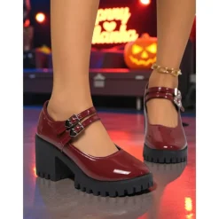 Women's Burgundy Patent Leather Platform Mary Jane Pumps – Gothic Buckled Chunky Heel Shoes for Halloween Parties and Cosplay Outfits