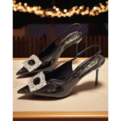 Women's Burgundy Patent Leather Slingback Heels - Pointed Toe Stilettos with Crystal Buckle for Formal Events and Cocktail Parties
