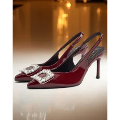 Women's Burgundy Patent Leather Slingback Heels - Pointed Toe Stilettos with Crystal Buckle for Formal Events and Cocktail Parties