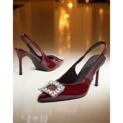 Women's Burgundy Patent Leather Slingback Heels - Pointed Toe Stilettos with Crystal Buckle for Formal Events and Cocktail Parties