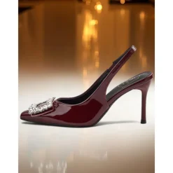 Women's Burgundy Patent Leather Slingback Heels - Pointed Toe Stilettos with Crystal Buckle for Formal Events and Cocktail Parties