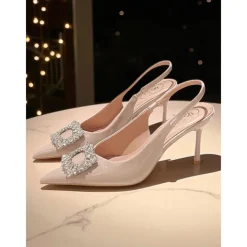 Women's Burgundy Patent Leather Slingback Heels - Pointed Toe Stilettos with Crystal Buckle for Formal Events and Cocktail Parties