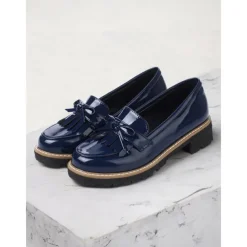 Women's Burgundy Patent Leather Loafers with Fringe Tassel Detail and Chunky Heel, Perfect for Office Wear and Casual Outfits