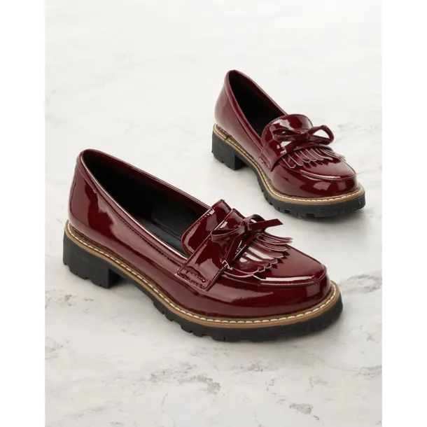 Women's Burgundy Patent Leather Loafers with Fringe Tassel Detail and Chunky Heel, Perfect for Office Wear and Casual Outfits