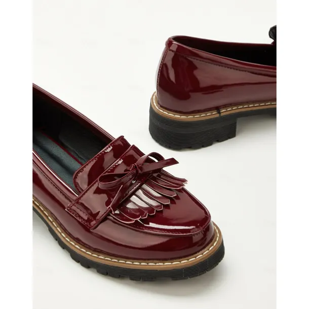 Women's Burgundy Patent Leather Loafers with Fringe Tassel Detail and Chunky Heel, Perfect for Office Wear and Casual Outfits