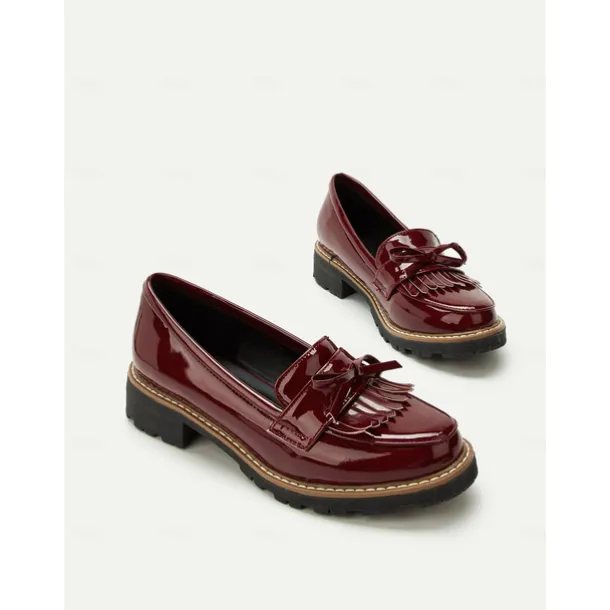 Women's Burgundy Patent Leather Loafers with Fringe Tassel Detail and Chunky Heel, Perfect for Office Wear and Casual Outfits