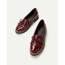 Women's Burgundy Patent Leather Loafers with Fringe Tassel Detail and Chunky Heel, Perfect for Office Wear and Casual Outfits