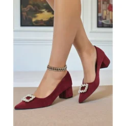 Women's Burgundy Suede Block Heel Pumps with Rhinestone Buckle - Elegant Retro Style Dress Shoes for Ladies, Ideal for Office, Weddings, and Parties