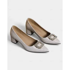 Women's Burgundy Suede Block Heel Pumps with Rhinestone Buckle - Elegant Retro Style Dress Shoes for Ladies, Ideal for Office, Weddings, and Parties