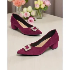 Women's Burgundy Suede Block Heel Pumps with Rhinestone Buckle - Elegant Retro Style Dress Shoes for Ladies, Ideal for Office, Weddings, and Parties