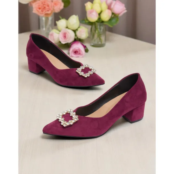 Women's Burgundy Suede Block Heel Pumps with Rhinestone Buckle - Elegant Retro Style Dress Shoes for Ladies, Ideal for Office, Weddings, and Parties