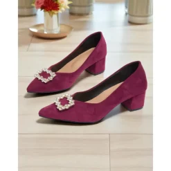 Women's Burgundy Suede Block Heel Pumps with Rhinestone Buckle - Elegant Retro Style Dress Shoes for Ladies, Ideal for Office, Weddings, and Parties