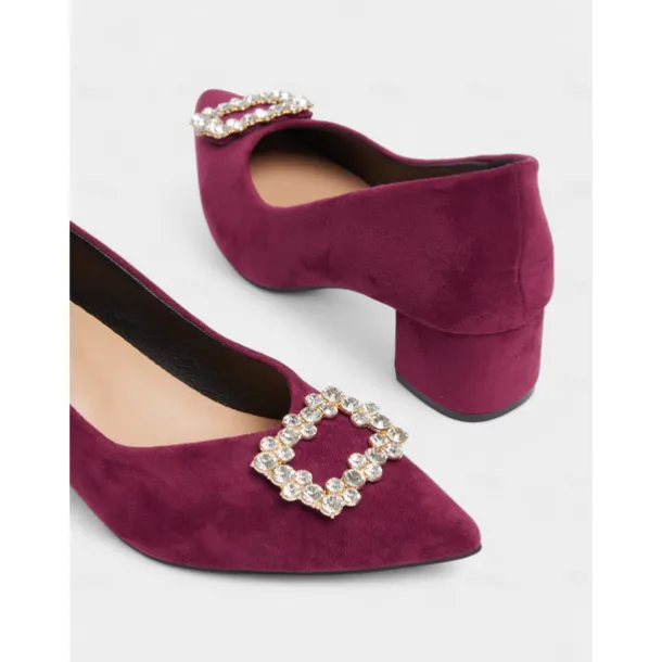 Women's Burgundy Suede Block Heel Pumps with Rhinestone Buckle - Elegant Retro Style Dress Shoes for Ladies, Ideal for Office, Weddings, and Parties
