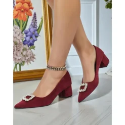 Women's Burgundy Suede Block Heel Pumps with Rhinestone Buckle - Elegant Retro Style Dress Shoes for Ladies, Ideal for Office, Weddings, and Parties