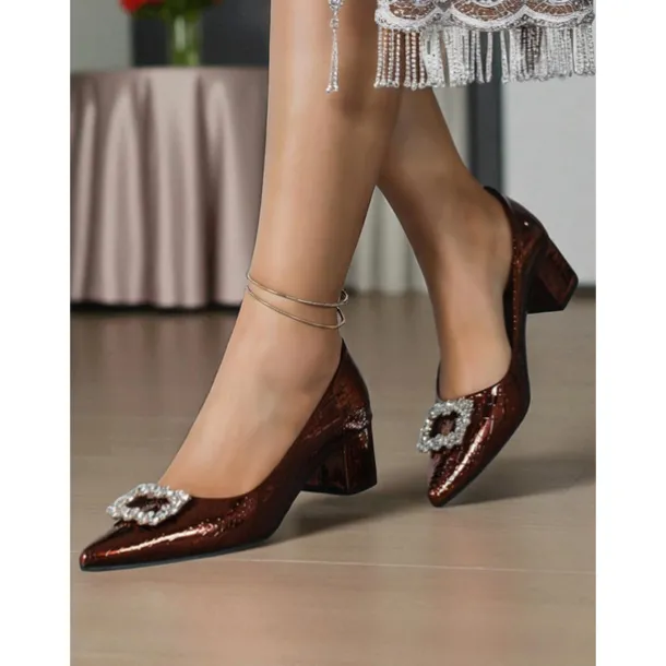 Women's Burgundy Suede Block Heel Pumps with Rhinestone Buckle - Elegant Retro Style Dress Shoes for Ladies, Ideal for Office, Weddings, and Parties
