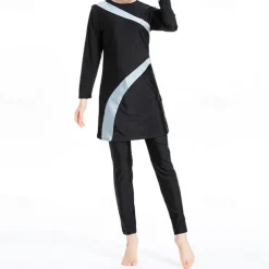 Women's Burkini Hijab Swimsuit Full Coverage UPF50+ Long Sleeve Bathing Suit 3-Piece Modest Swimwear Swimming Beach Water Sports Patchwork Spring Summer Autumn