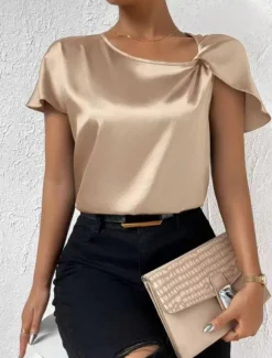 Women's Camisole Tank Top Solid Color Elegant Stylish Short Sleeve V Neck Regular Tops Wedding Guest Work Black Pink Navy Blue Green Khaki Summer Spring