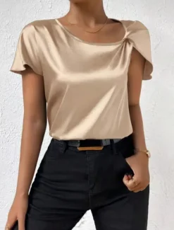 Women's Camisole Tank Top Solid Color Elegant Stylish Short Sleeve V Neck Regular Tops Wedding Guest Work Black Pink Navy Blue Green Khaki Summer Spring